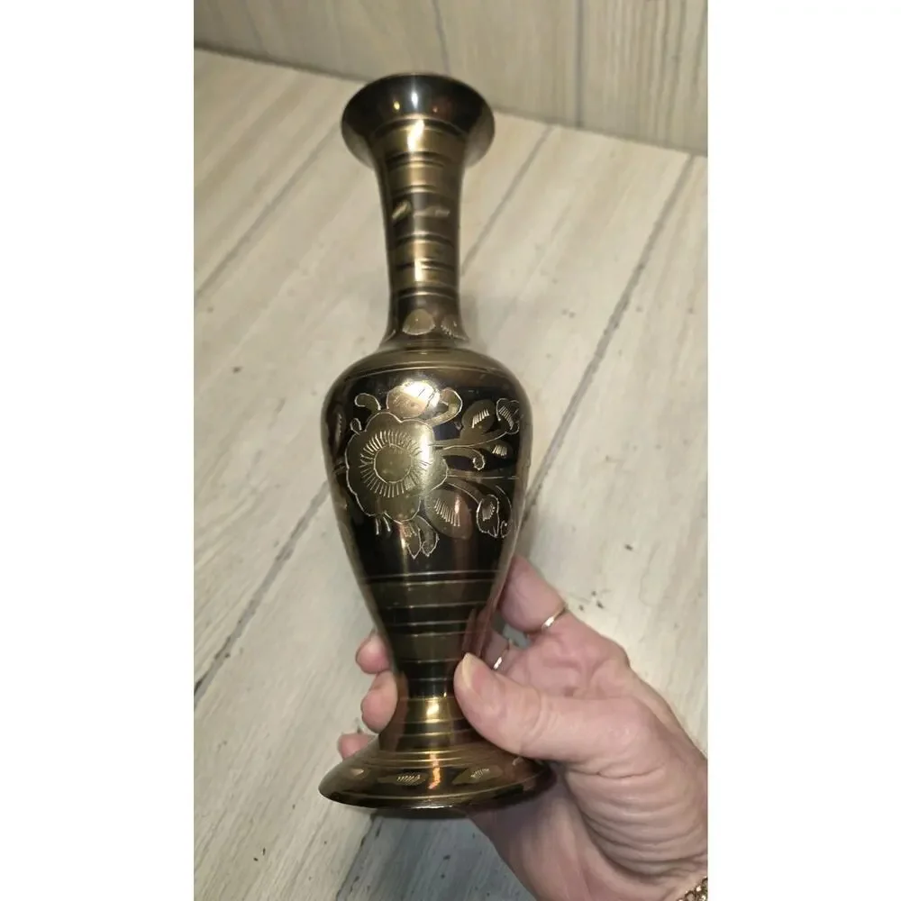 Antique Vtg Brass Hand Etched Engraved Vase Floral India Hollywood Regency 10